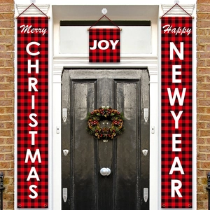 Panneau De Porche De Noël Carreaux Buffalo Bannière De Porte Rouge Et Noire Pour Décoration Extérieure Maison Joyeux Noël Welcome Joy
