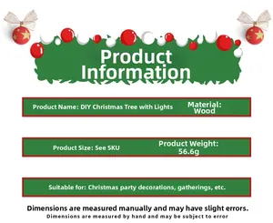 Detail specifications of DIY wooden Christmas tree with LED lights and holiday ornaments