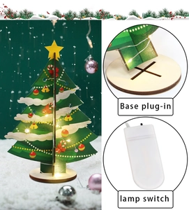 Detailed view of the wooden Christmas tree base plug-in and LED light switch function