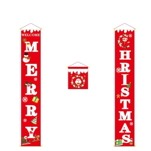Detail of red Christmas banners with Merry Christmas letters and festive cartoon icons