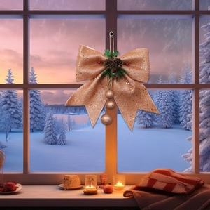 Champagne gold Christmas bow with pine cones and berries hung against a winter window