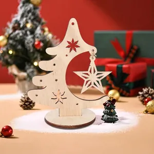 Laser Cut Wooden Christmas Tree Desktop Ornament Hollow Star Bell Ball Tabletop Decoration For Xmas Home Party Decor