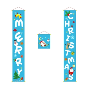 Three-piece light blue Merry Christmas banner set with Santa and snowman illustrations