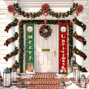 Kerstmis veranda banner set met geruit patroon en feestelijke afbeeldingen