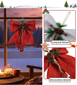 Close-up of Christmas bow decoration with pine cones and hanging glitter balls