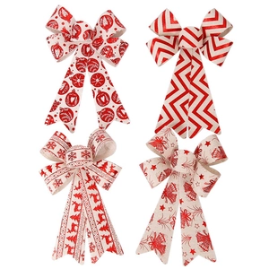 Christmas Printed Bow Decoration For Gift Wrap Holiday Tree Ornament Cotton Burlap Style Snowflake Reindeer Bell Bow