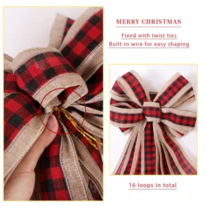 Weihnachtsbaumschmuck Schleife rot-schwarz kariert mit 16 Schlaufen und Drahtkante