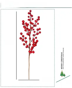 Detail view of 78cm red artificial berries stem showing dimensions and glossy texture