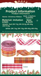 Detail showing 6.3cm faux linen Christmas ribbons in red and orange plaid designs