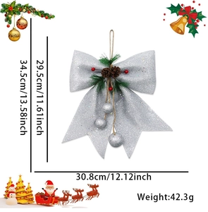 Silver Christmas bow detail with pine cones and red berries showing dimensions and weight
