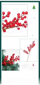 Detailed macro view of artificial red berry stems with glossy texture for Christmas decor