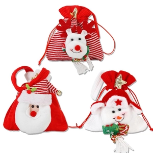 Set of 3 Christmas knitted drawstring gift bags with 3D Santa, Reindeer, and Snowman