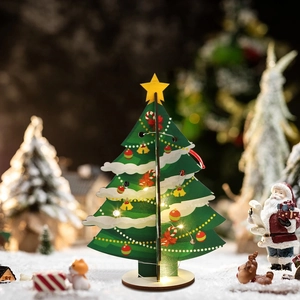 DIY Wooden Christmas Tree Tabletop Ornament With LED Lights 3D Assembly Desktop Decor For Holiday Home Office Kids Gift