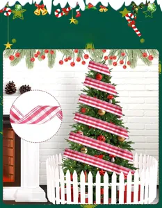 Detail of red and white plaid Christmas ribbon wrapped around a tree with close-up texture