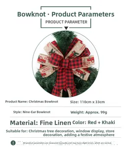 Detail view of large Christmas tree topper bow with red plaid and burlap festive patterns