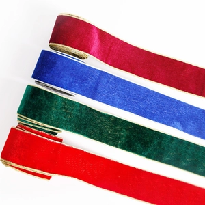 2m luxury velvet ribbons with gold wired edges in red, blue, and green for gift wrapping
