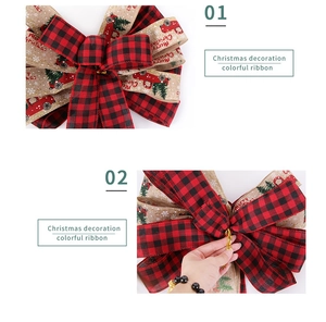 Detailed close-up of double-layer Christmas bow with red plaid and festive truck prints