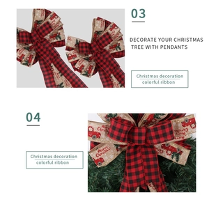 Detail of red and black plaid Christmas bow with Merry Christmas and truck patterns