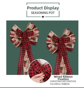 Detail of red and black buffalo plaid Christmas bow with golden twist tie for tree topper