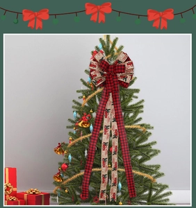 Close-up of double-layered Christmas tree topper bow with red truck and plaid patterns