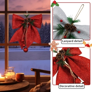 Glittery Christmas bow decorations with pine cones and berries for festive tree hanging