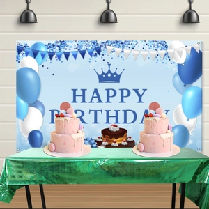 Blue Happy Birthday party backdrop featuring crown and balloons for kids birthday decor