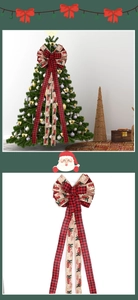 Detail of red plaid and burlap Christmas tree topper bow with Merry Christmas print