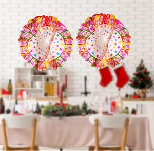 Detail of colorful Santa Claus honeycomb paper fan ornaments with festive star patterns
