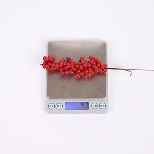 Detail shot of lightweight red berry branch on electronic scale weighing 4.7g for decor