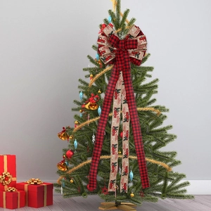 Buffalo plaid Christmas tree topper bow with vintage red truck and Merry Christmas print