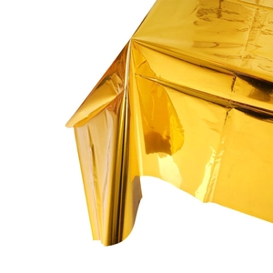 Detail of high-gloss rose gold foil disposable tablecloth showing metallic texture and folds
