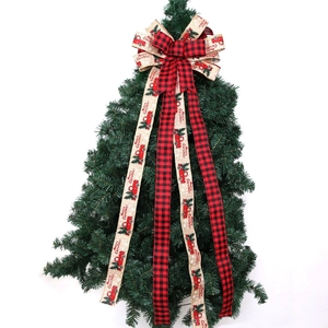 Large double-layered Christmas tree topper bow with red truck and plaid patterns