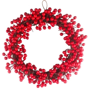 Couronne de Noël Artificielle aux Baies Rouges avec Base en Vigne de Bois Naturel pour Décoration de Porte Murale