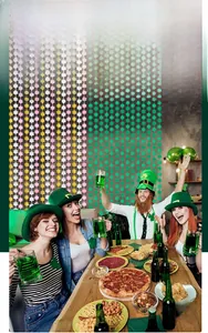 Clover foil fringe curtains for St. Patrick's Day party backdrop in green and pink colors