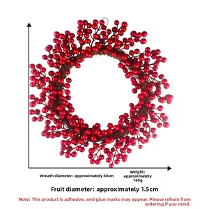 Détails d'une couronne de Noël de 40cm avec baies rouges de 1,5cm et dimensions