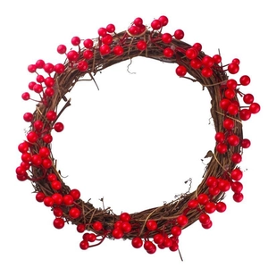Couronne de Noël en baies rouges artificielles sur vigne de rotin pour décoration murale