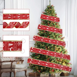 2M red faux linen Christmas ribbon with white reindeer and snowflake prints on a tree