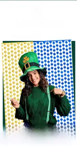 St. Patrick's Day clover rain curtain backdrop with yellow and blue hanging shamrock ornaments