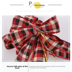 Detail of red and black plaid Christmas bow with flexible wire for DIY shaping