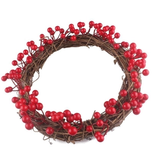 Couronne de Noël aux baies rouges artificielles sur rotin pour décoration de porte