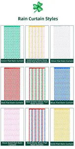 Nine color options for St. Patrick's Day tinsel curtains including green and tricolor styles