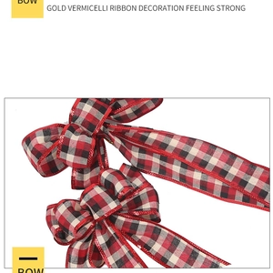 Close-up of red and black plaid Christmas bows with shiny metallic edges for tree decor