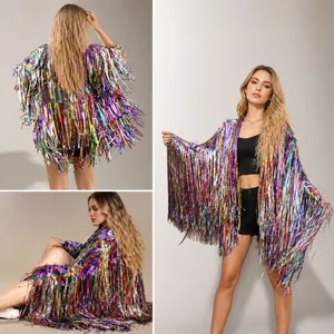 Detailed close-up of vibrant colorful tinsel fringe jacket for festivals and parties