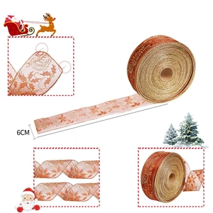 6cm Christmas Greetings gold glitter sheer ribbon with red accents for festive decor