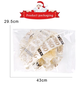 Detail of Christmas ribbon with HO HO HO print and dimensions 43x29.5cm in packaging