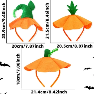 Detaillierte Größenangaben für drei Halloween Kürbis-Haarreifen mit gruseligen Designs