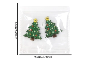 Detail view of green sequined Christmas tree earrings with dimensions 9.5cm by 6.6cm