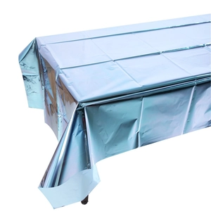 Metallic light blue rectangle foil tablecloth with shiny reflective finish for party decor