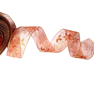 Brown Christmas organza ribbon with gold leaf print and Christmas Greeting text