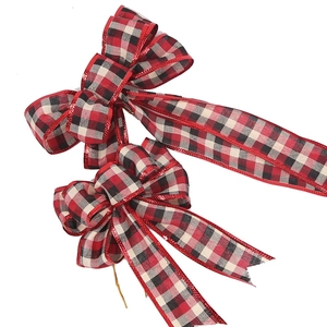 Set of two red and black buffalo plaid Christmas bows for holiday tree decoration